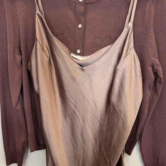 Elegant Brown Slip Dress with Coordinating Cardigan - Picture 3 of 6